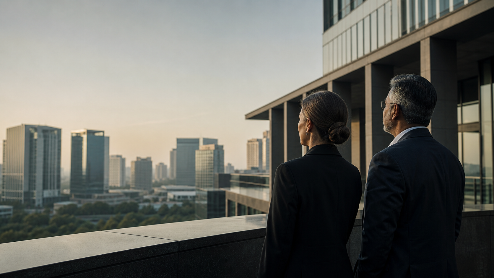 Business leaders looking across a global city skyline