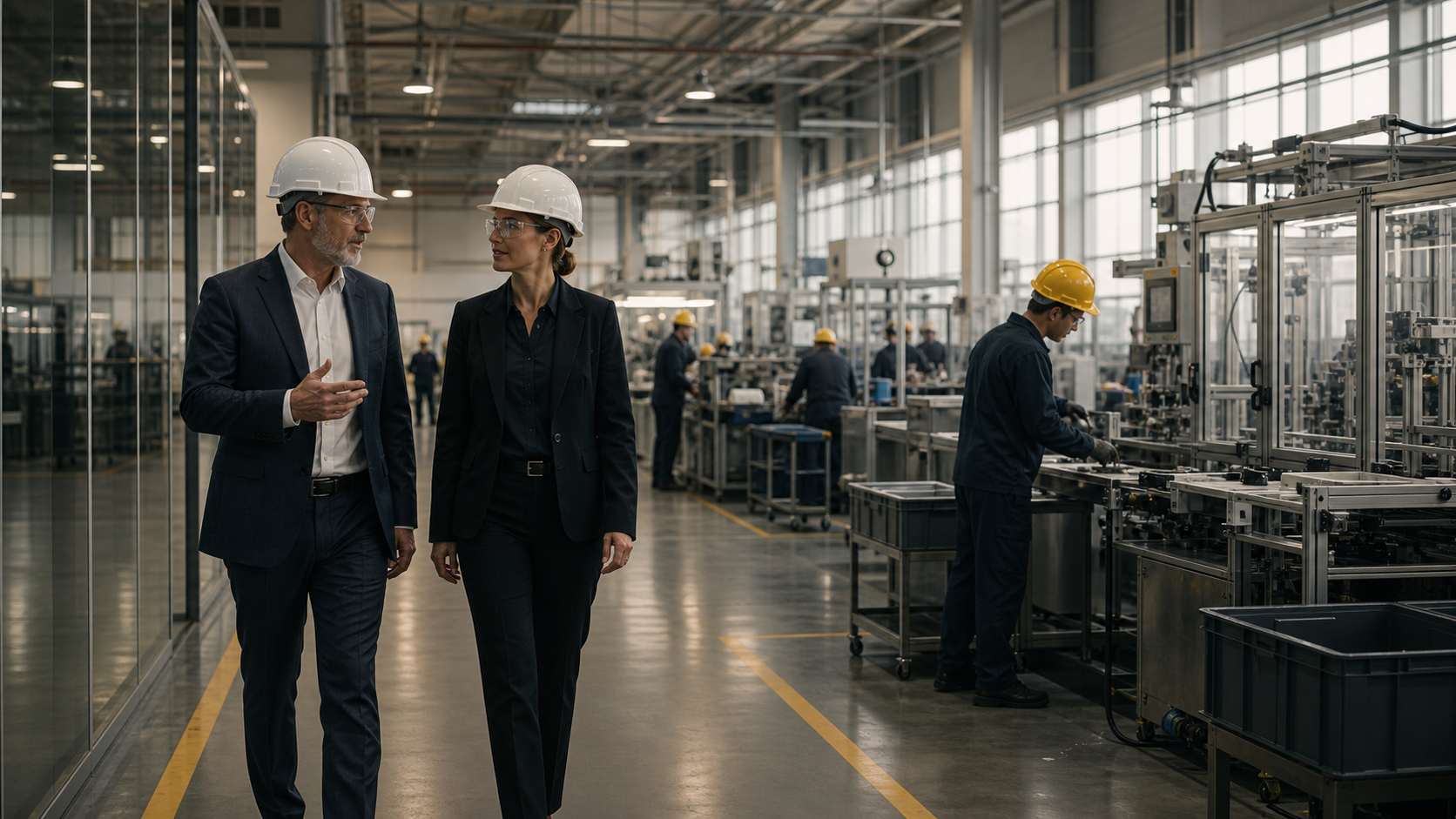 Senior advisors discussing implementation inside a modern manufacturing facility